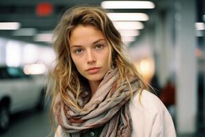 a beautiful young woman wearing a scarf in an airport generative ai photo