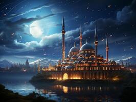 Beautiful islamic mosque with night moon sky and cloud photo wallpaper generative ai