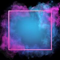 blue and pink smoke with a square frame on a black background. Generative AI photo