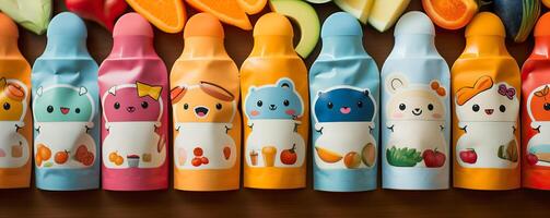 A close-up shot of a variety of creatively designed baby food pouches showcasing colorful labels and playful illustrations photo