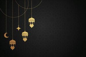 eid mubarak greeting card with golden crescent and pattern background vector