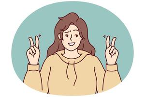 Optimistic woman raises hands in quotation marks when voicing sarcasm in conversation. Vector image