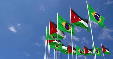 Jordan and Brazil Flags Waving Together in the Sky, Seamless Loop in Wind, Space on Left Side for Design or Information, 3D Rendering video
