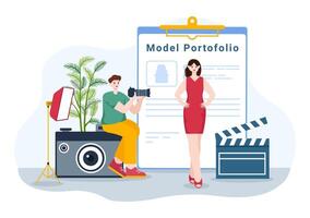 Model Portfolio Vector Illustration with Modeling Agency Manager and Photographer take Photos of Model in Platform Flat Cartoon Background Design