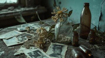 AI generated forgotten memories with flower in a vase and fade photo on table