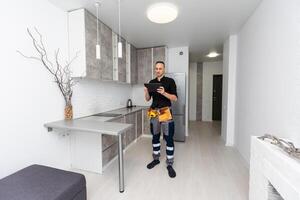 Man using smart home security system control panel photo