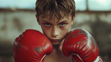 Caucasian boy wearing red boxing gloves look angrily at the camera photo