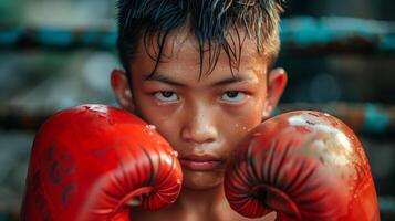 Thai boy wearing red boxing gloves look angrily at the camera photo