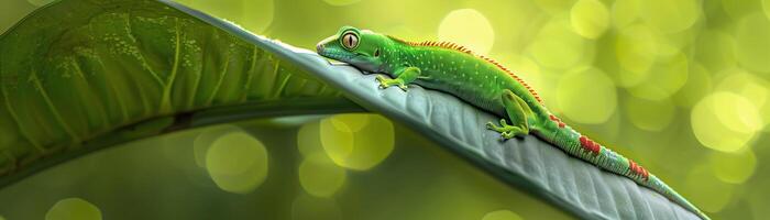 Madagascar Gold Dust Day Gecko on the leaf with green natural background bokeh photo