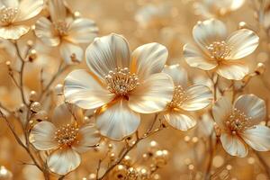 3D branches of golden arabesque-style flowers on a gold background. photo