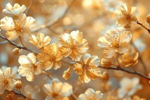 3D branches of golden arabesque-style flowers on a gold background. photo