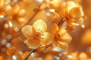 3D branches of golden arabesque-style flowers on a gold background. photo