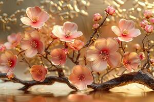3D branches of golden arabesque-style flowers on a gold background. photo