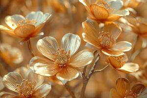 3D branches of golden arabesque-style flowers on a gold background. photo