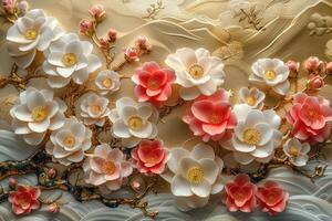 3D branches of golden arabesque-style flowers on a gold background. photo
