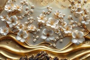 3D branches of golden arabesque-style flowers on a gold background. photo