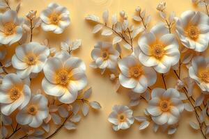 3D branches of golden arabesque-style flowers on a gold background. photo