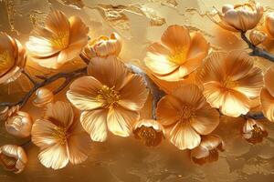 3D branches of golden arabesque-style flowers on a gold background. photo