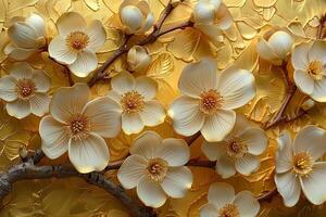 3D branches of golden arabesque-style flowers on a gold background. photo