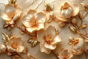 3D branches of golden arabesque-style flowers on a gold background. photo