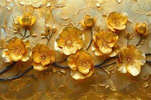 3D branches of golden arabesque-style flowers on a gold background. photo
