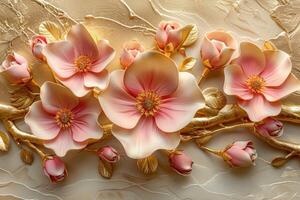 3D branches of golden arabesque-style flowers on a gold background. photo