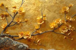 3D branches of golden arabesque-style flowers on a gold background. photo