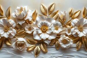 3D branches of golden arabesque-style flowers on a gold background. photo