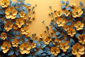 3D branches of golden arabesque-style flowers on a gold background. photo