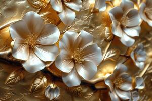 3D branches of golden arabesque-style flowers on a gold background. photo