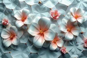 White hexagons with a style reminiscent of beautiful convex modules with gold and silver petals. three-dimensional drawing. superior photos for the web and print