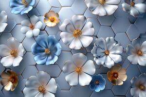 White hexagons with a style reminiscent of beautiful convex modules with gold and silver petals. three-dimensional drawing. superior photos for the web and print