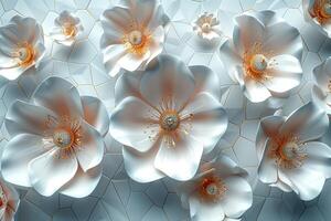 White hexagons with a style reminiscent of beautiful convex modules with gold and silver petals. three-dimensional drawing. superior photos for the web and print