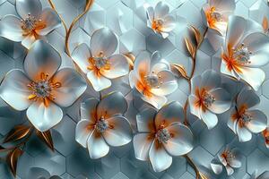 White hexagons with a style reminiscent of beautiful convex modules with gold and silver petals. three-dimensional drawing. superior photos for the web and print