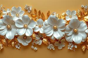 3d golden floral seamless border tile with white geometric flowers Beautiful luxury horizontal background photo