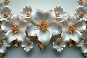3d golden floral seamless border tile with white geometric flowers Beautiful luxury horizontal background photo