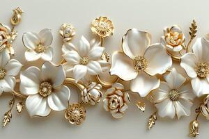 3d golden floral seamless border tile with white geometric flowers Beautiful luxury horizontal background photo