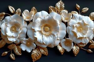 3d golden floral seamless border tile with white geometric flowers Beautiful luxury horizontal background photo