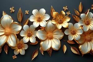 3d golden floral seamless border tile with white geometric flowers Beautiful luxury horizontal background photo