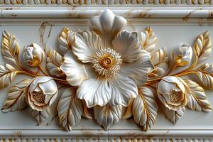 3d golden floral seamless border tile with white geometric flowers Beautiful luxury horizontal background photo