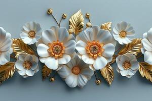 3d golden floral seamless border tile with white geometric flowers Beautiful luxury horizontal background photo