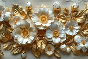 3d golden floral seamless border tile with white geometric flowers Beautiful luxury horizontal background photo