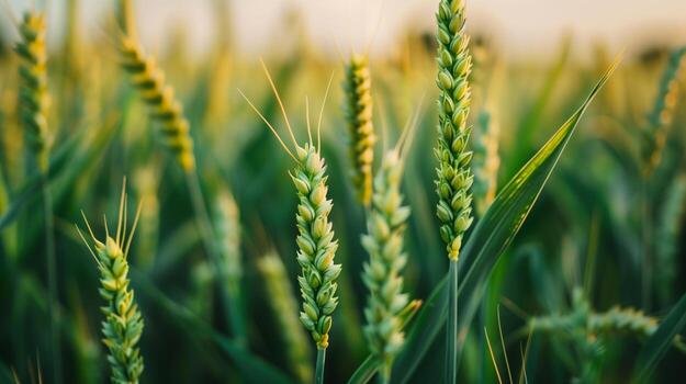 Close-up of green and plump wheat ears. The distant view with an endless wheat field. Generated by artificial intelligence. photo