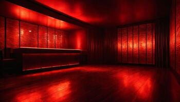 The image features a dimly lit room with red walls and a red curtain. he room appears to be a bar or a stage the red-toned interior. photo