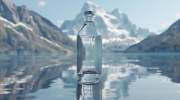 A bottle of water against the backdrop of a mountain river. Generated by artificial intelligence. photo