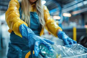 Close up of female cleaner in gloves throwing garbage from trash can into plastic bucket while photo