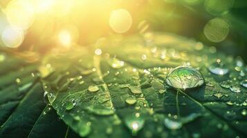 Beautiful water drops sparkle in sun on leaf in sunlight, macro. Droplet of morning dew outdoor, beautiful round bokeh. Purity of nature. photo