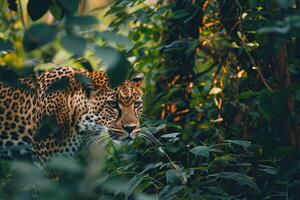 Head of a jaguar among the leaves in the jungle, Panthera onca. photo