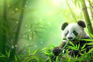 Panda chewing bamboo in bamboo forest on blurred background photo