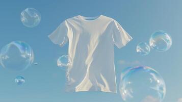 A white t-shirt floats in the air, surrounded by transparent bubbles on a light sky blue backgrounds. Generated by artificial intelligence. photo
